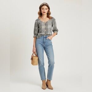 Primark Gingham Cottagecore Blouse Puff Sleeve Wooden Button Top Size 6